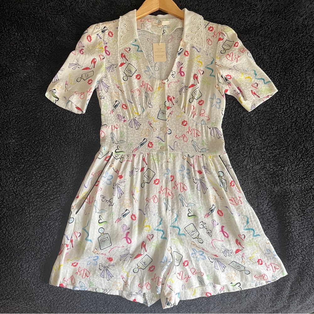 Maje Graphic-Print Lace-Trimmed Woven Playsuit